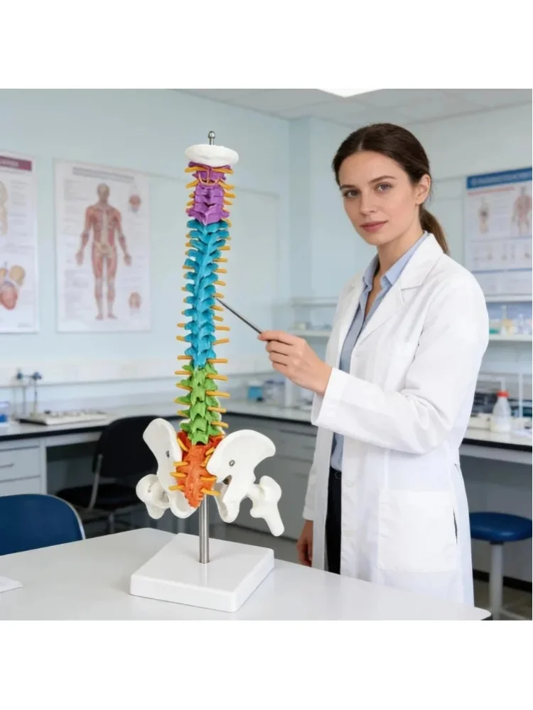 Wielokolorowy didaktyczny model kręgosłupa, pionowy model ludzkiego szkieletu kręgów z kością miedniczną i odłączanymi głowicami kości udowej, anatomiczny model demonstracyjny z PVC do nauki dla — 2
