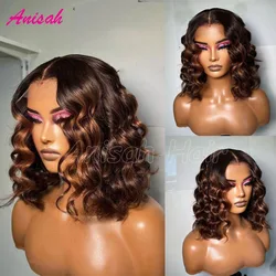 10 12 14 Inch Brown Highlight Short Bob Human Hair Wigs Loose Curl 13x4 Transparent Lace Front Wig For Black Women