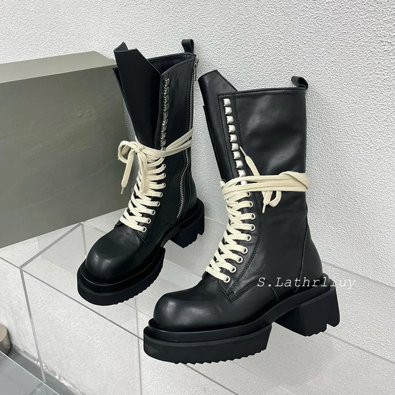 Thick Bottom Genuine Leather Mid Calf Botas Women's Round Toe Lace Up Short Boots Autumn Winter Handsome Motorcycle Boots 2024