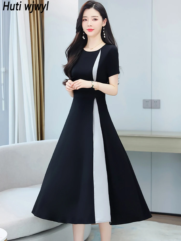 Black Patchwork Hepburn Elegant Midi Dress Summer Women Short Sleeve High Wasit A-Line Robe 2024 Korean Bodycon Party Prom Dress