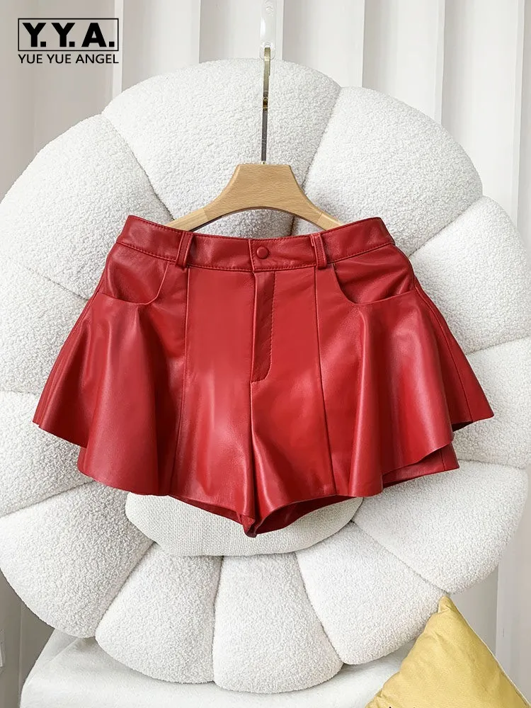 

Fashion Women Genuine Leather Shorts Skirt Solid Color High Waist A Line Mini Trousers High Street Female Sexy Sheepskin Shorts
