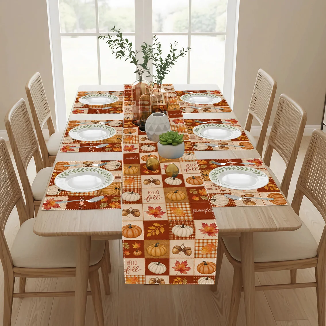 

1/75/7pcs, Hello Fall Patchwork Table Runner And Placemat Set, Pumpkin, Maple Leaf And Acorn Print, Buffalo Plaid And Letter Design, Harvest Thanksgiving Decor, Adds Warm Autumn Charm to Indoor/Outdoor Dining Occasions