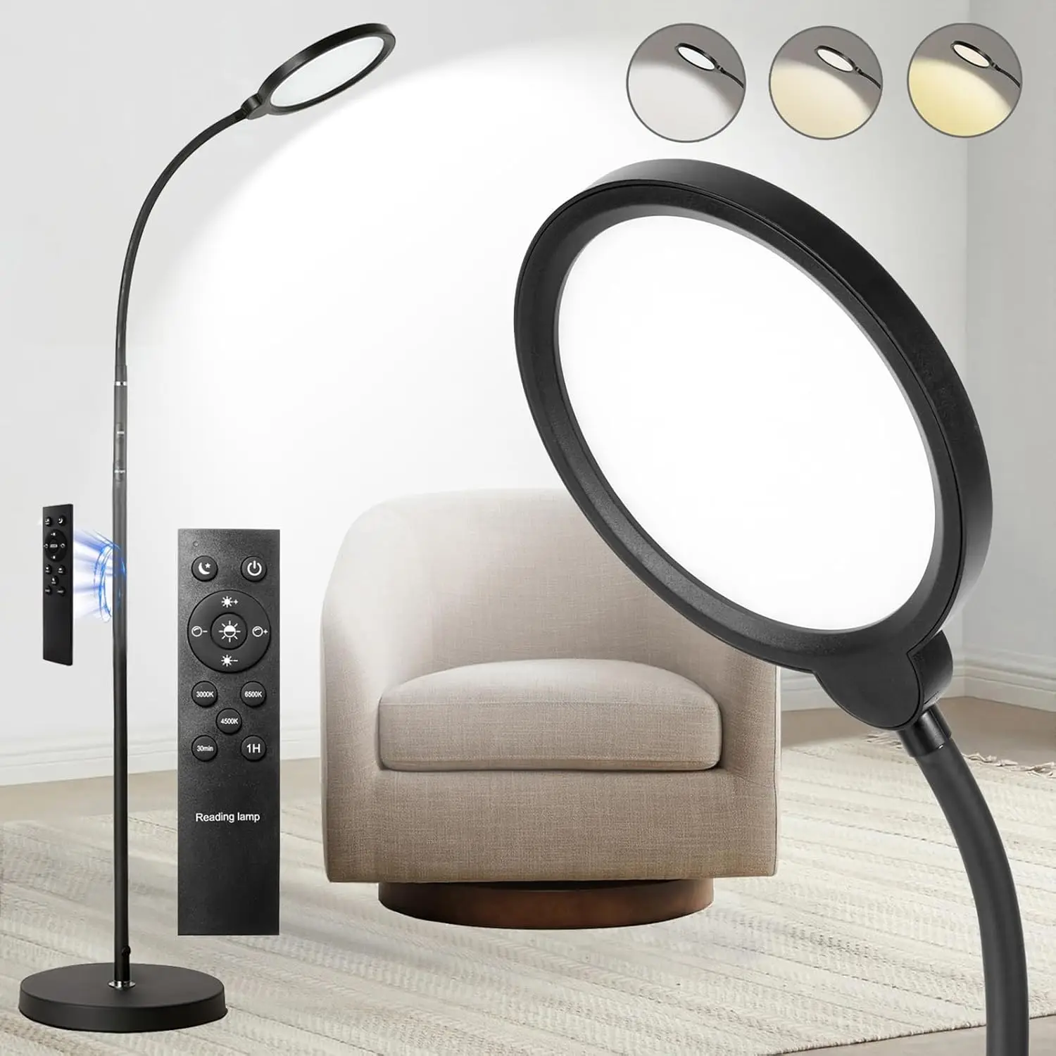 

LED Floor Lamp, Adjustable Gooseneck, 3-Temperature Brightness, Remote & Touch Control for Living Room, Bedroom, Office