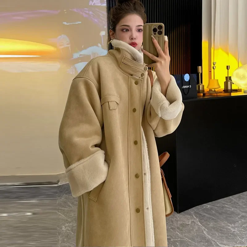 Lamb Wool 2025 New Coat Female Korean Winter ThickVelvet Thick Suede Coat Mid-length Fur One Lapel Coat Commuter Buttons Splicin