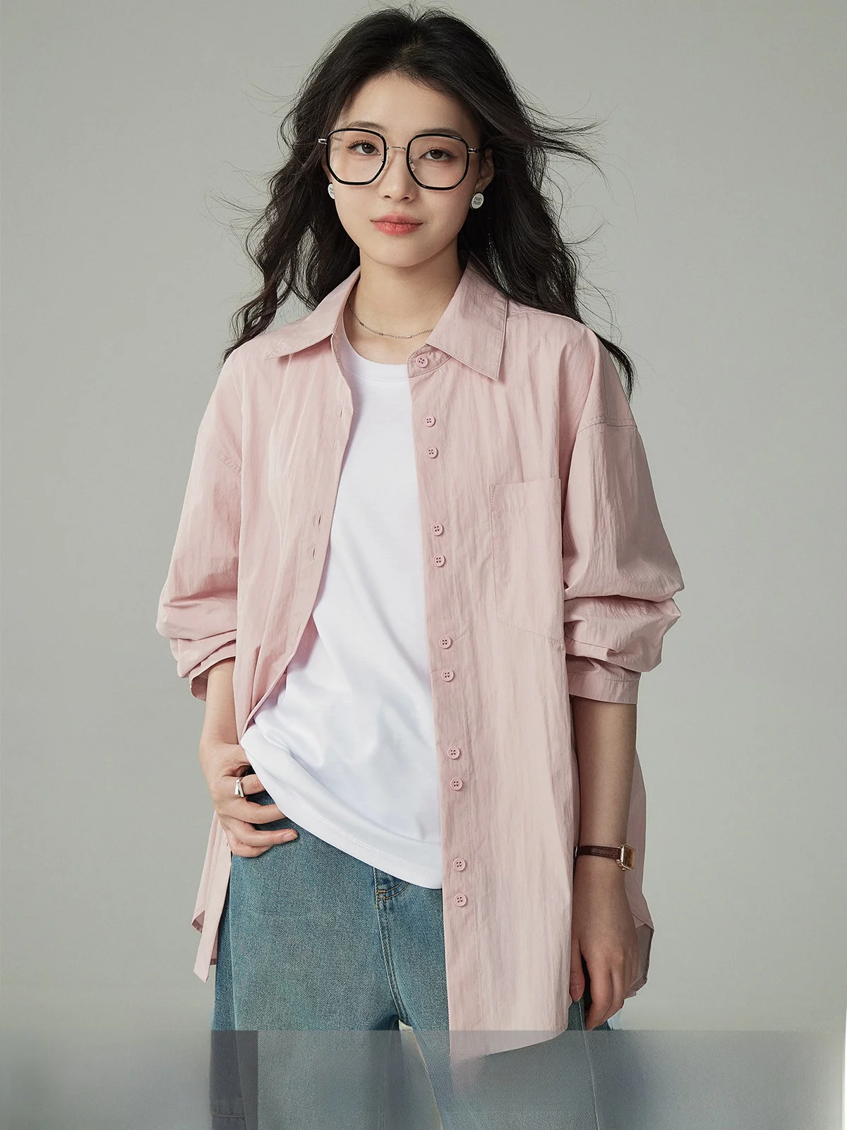 

Розовая многослойная женская рубашка Yake Home для весны и лета, простая, универсальная, фактурная, однотонная, рубашка-жакет для женщин