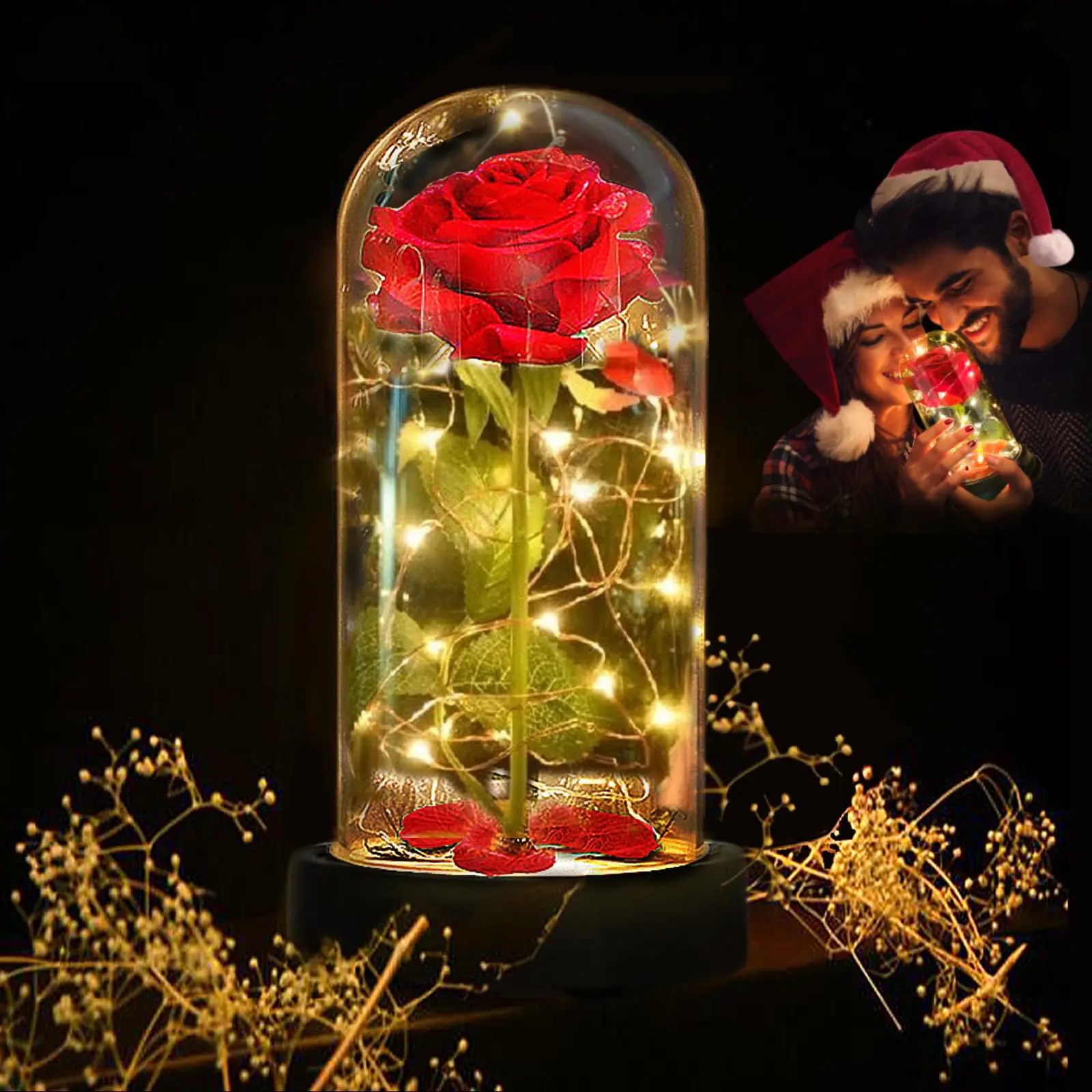 Flores de rosas artificiales, rosa eterna, flor de lámina de luz LED en cubierta de vidrio, flor de rosa de simulación, regalos para el día de la madre, suministro para fiestas