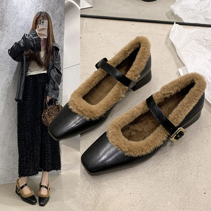 Mode Damen Pumps Neue hochwertige Leder Flusen Plüsch Damen Mary Jane Schuhe Winter warme High Heels Damenschuhe
