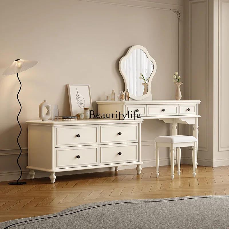 

White cream wind solid wood American dresser light luxury makeup table telescopic storage chest integrated multi-function