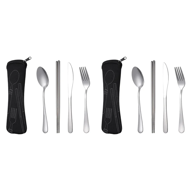 

ABUF-8Pcs Set Dinnerware Portable Stainless Steel Spoon Fork Steak Knife Set Travel Cutlery Tableware With Bag Black