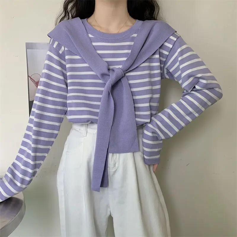 Korean Version Women\'s 2024 New Spliced O-Neck Knitted Thin Fake Two-piece Shawl Striped Fashion Loose Casual Long Sleeved Tops