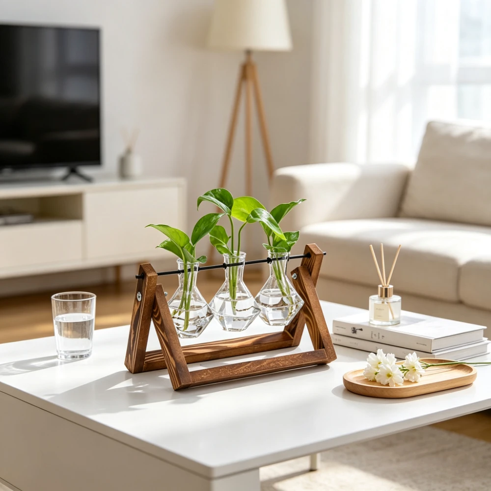Nordic Hydroponic Glass Vase with Wooden Stand Plant Propagation Container Modern Home Living Room Table Decoration