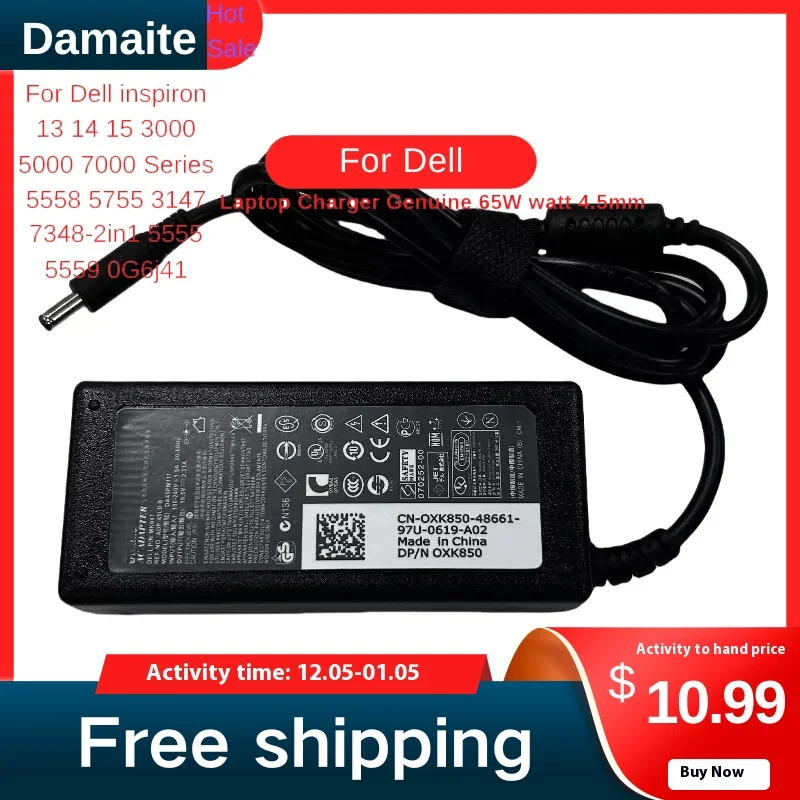 

Dell Inspiron Laptop Charger Genuine 65W watt 4.5mm tip AC Power Adapter for Inspiron 13 14 15 3000 5000 7000 0MGJN Power cord