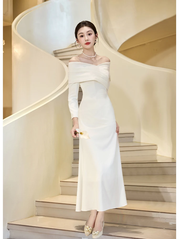 

Ele Long Sve One oulder White Dr for Engagement Registration Ceremony Korean Sle Polyester Fi Tail Gown