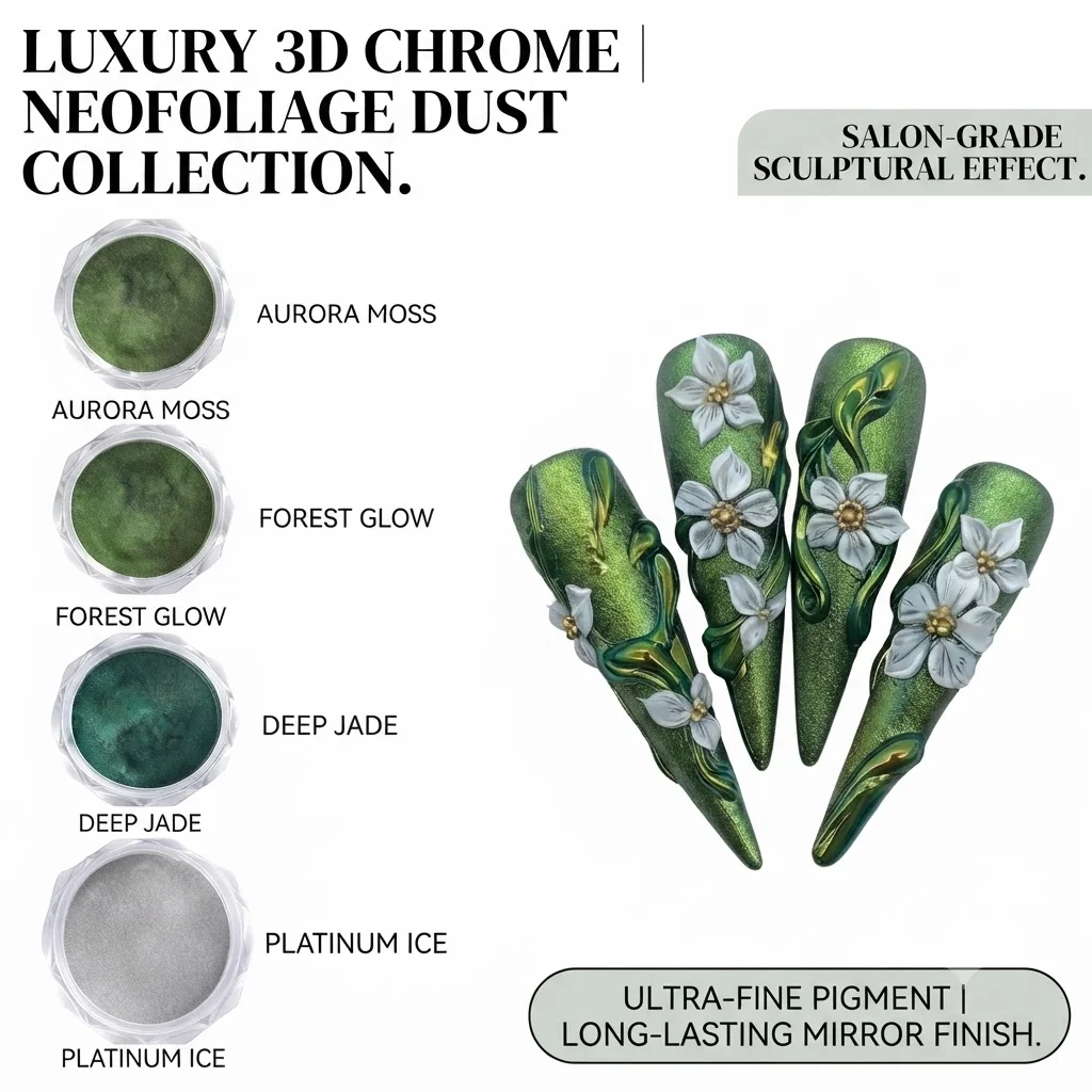 4pcs Green Mirror Nail Glitter Gradient Y2K Summer Plant Effect Magic Mirror Powder Chrome Friction Powder DIY Charm Pigment Pow