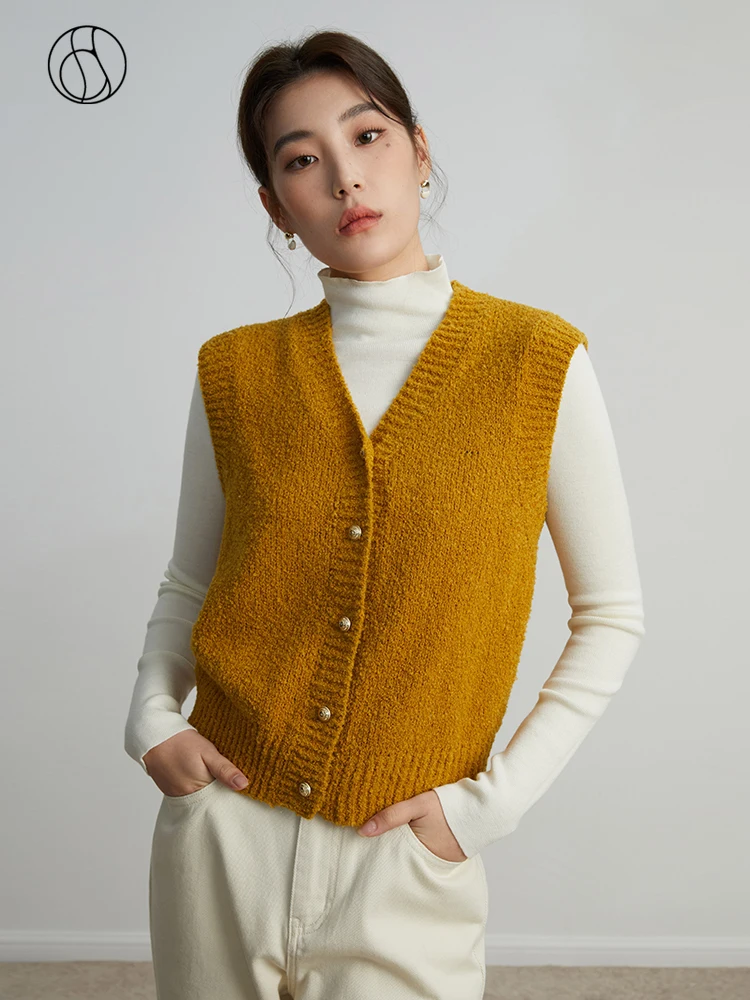 DUSHU Wool Vest Winter 2023 New V-neck Versatile Wool Vest For Women Yellow White Purple Women Solid Vest Casual Loose