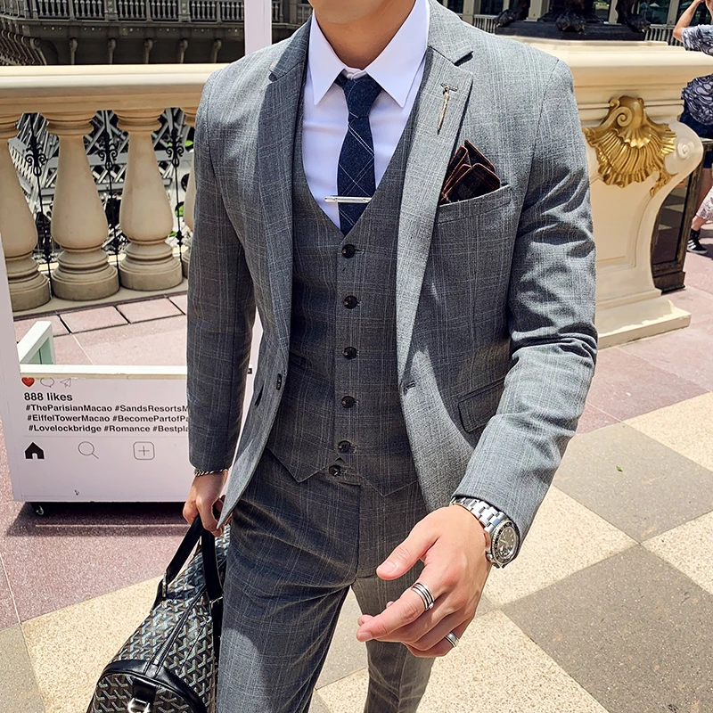 2023 Fashion New Men\'s Leisure Boutique Business Solid Color Slim Wedding Suit / Striped Plaid 3 Pcs Blazers Jacket Pants Vest