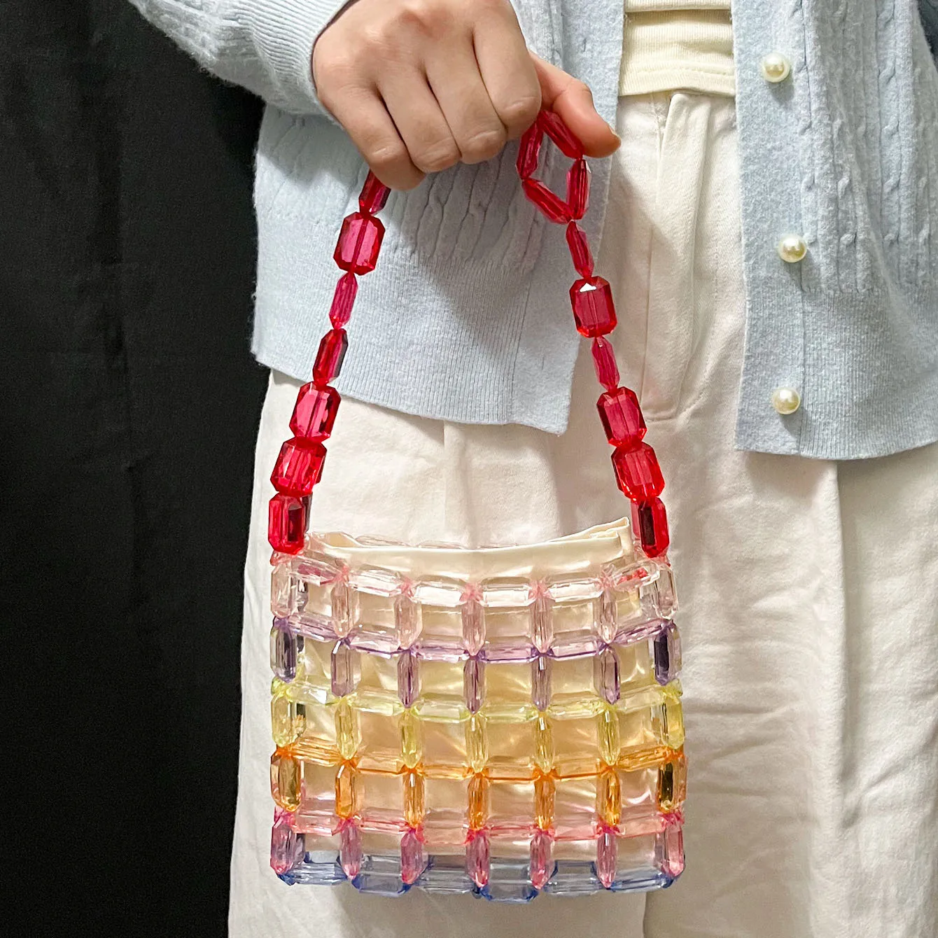 

Женские акриловые сумочки с бисером, летний роскошный дизайн, ручная работа, плетеные, во французском стиле, с цветовым градиентом, ажурные клатчи