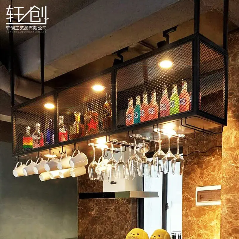 Wrought iron wine rack industrial wind hanger bar restaurant hanging storage rack bar counter upside down wine cabinet rack