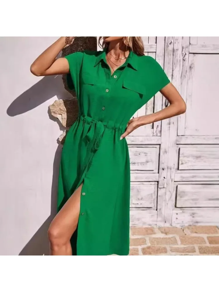 Nouvelles robes 2025 femme mode été confortable col de chemise taille jupe dames vêtements