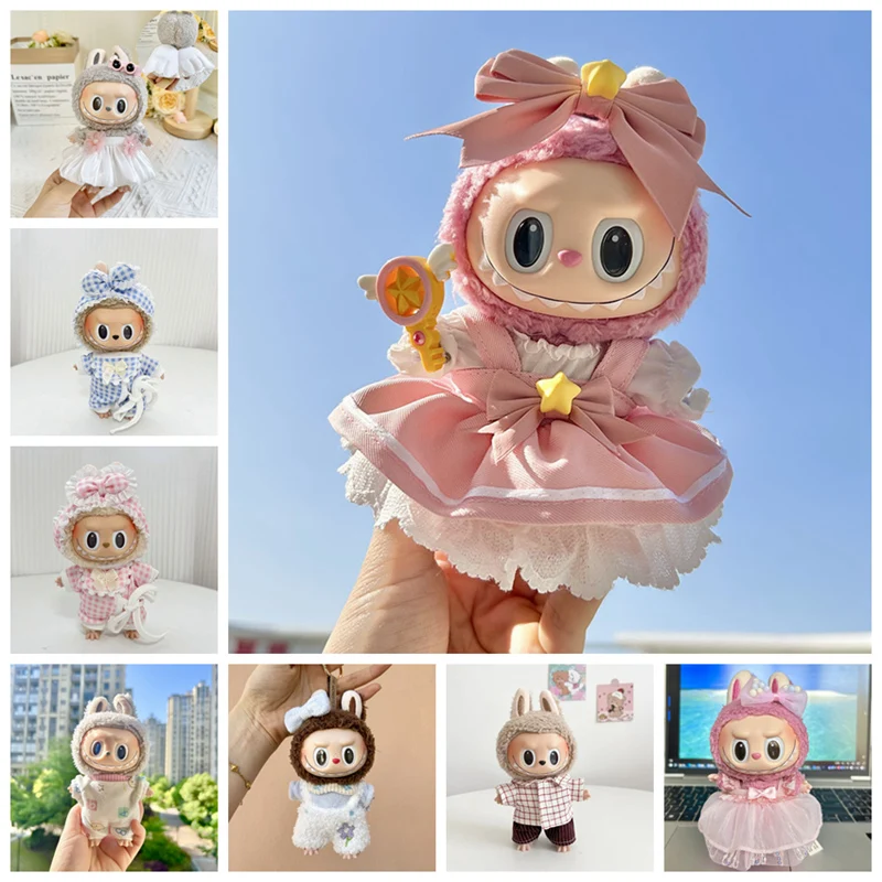 Mini Plush Doll Clothes for Kids, 17cm, Cute Outfit Acessórios para Coreia Kpop Exo Labubu Idol Dolls, Tops e Calças, DIY Clothing, Gift