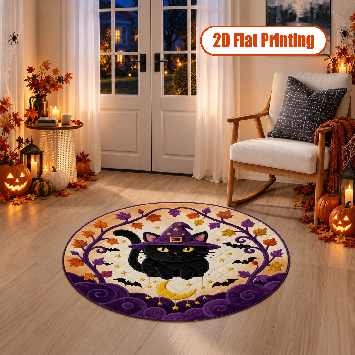 Black Cat Witch Bat Moon Autumn Leaves Design Round Velvet Rug Machine Washable for Living Room Bedroom Entryway Halloween Thanksgiving Christmas New Year Black Friday Cyber Monday