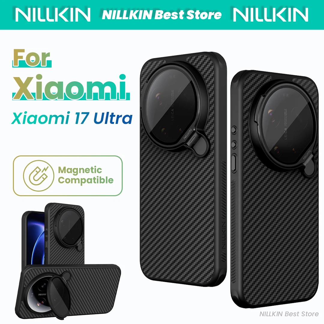 

Чехол NILLKIN для Xiaomi 17 Ultra, магнитный, из арамидного волокна, прозрачный, черный, с подставкой для объектива, из кевлара и углеродного волокна, защитный чехол из ТПУ
