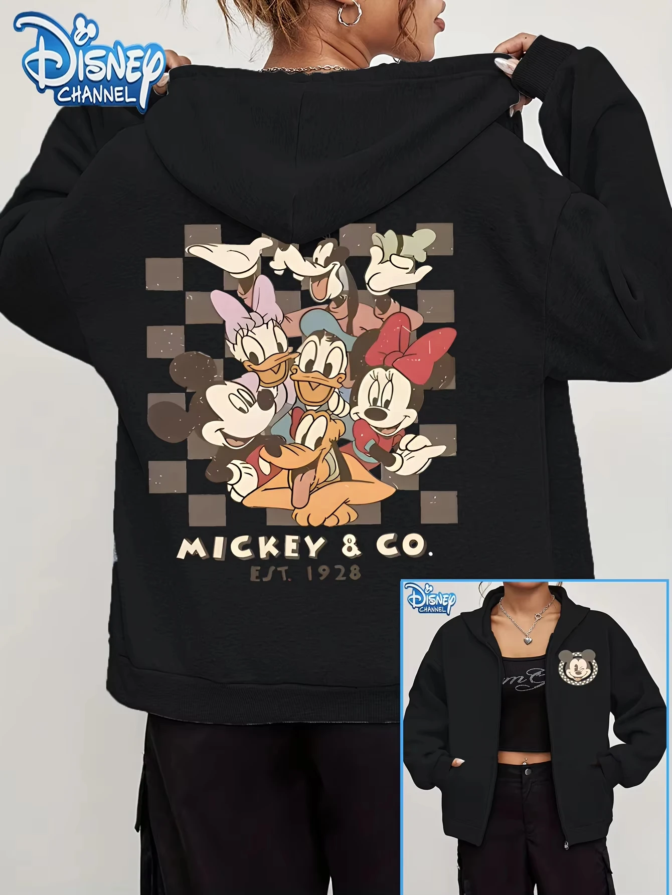 ディズニーランドミッキーミニーフレンドジッパーパーカーフリーススウェットシャツジャケット女性の男性綿秋冬プルオーバーオーバーサイズコート