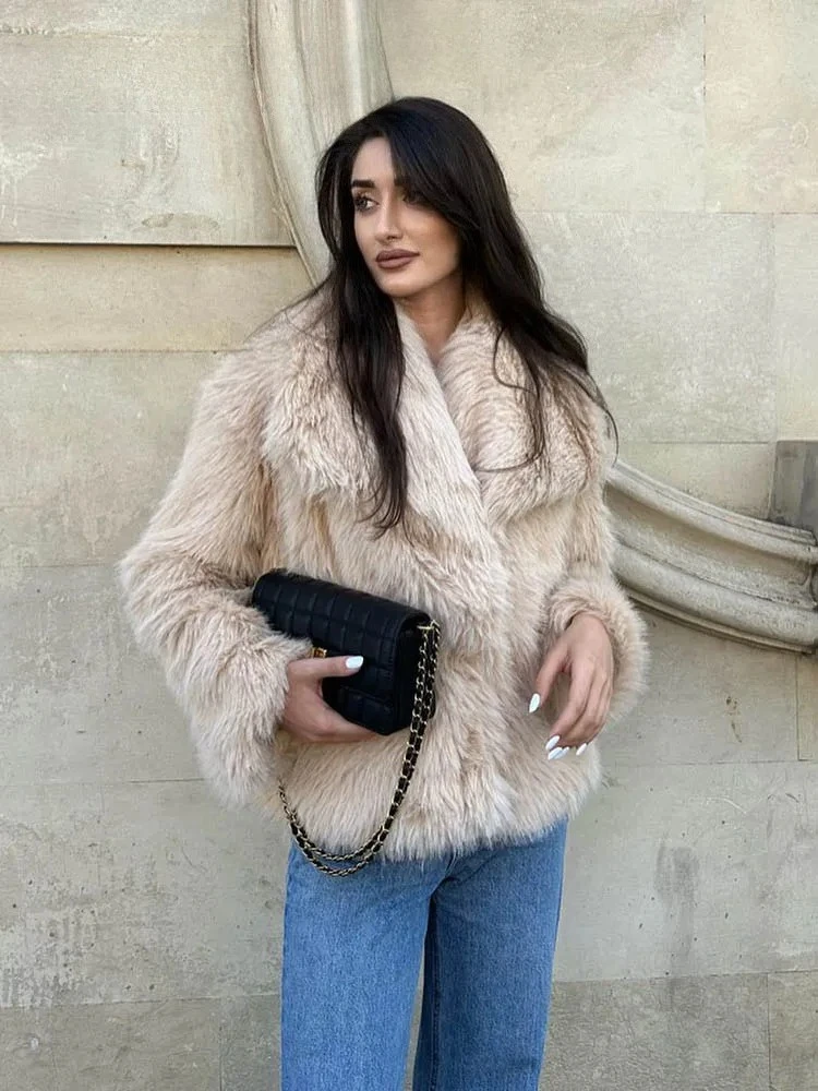 Fur Coat Eco-friendly Women Cropped Faux Fur Jacket Coat Long Sleeve Front Snap-button Female Outerwear Chic Lapel Collar Coat