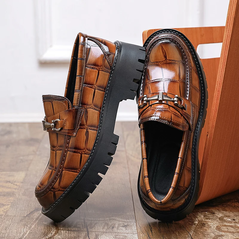 

Men Thick Soled Loafers PU Embossed Pattern Solid Color Professional Classic Business Formal Men Shoes Size 38-46