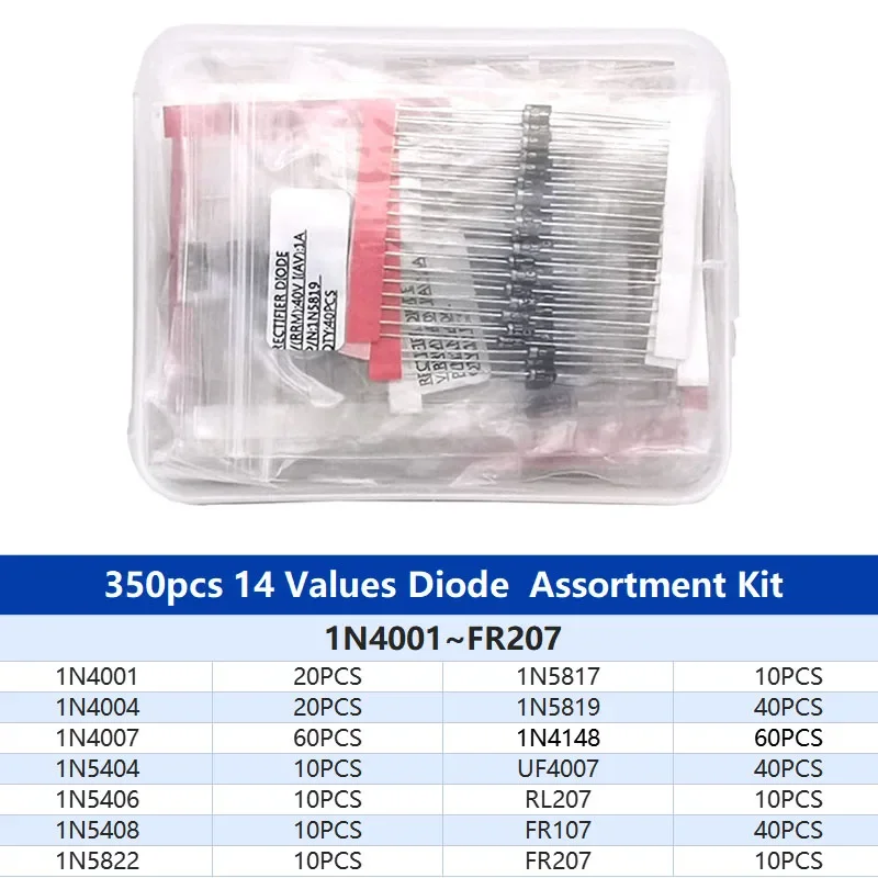 100/350pcs Rectifier Diode Schottky Diode Kit 1N4007 1N4148 1N5408 1N5819 1N5822 1N4001 1N4004 1N5404 FR107 FR207 Fast Switching