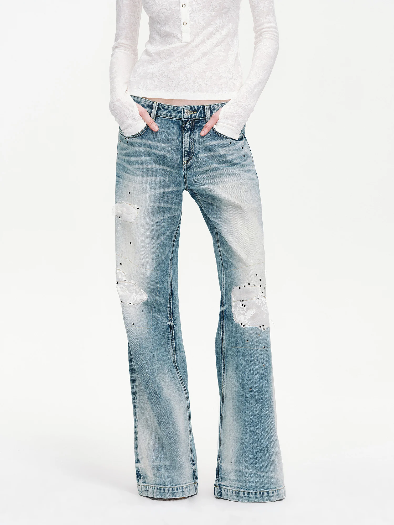 

Low Waist Straight Leg Jeans Retro Rivet Burnied Patchwork Canvas All Cotton Waed Vintage Sle Women's Casual Faion