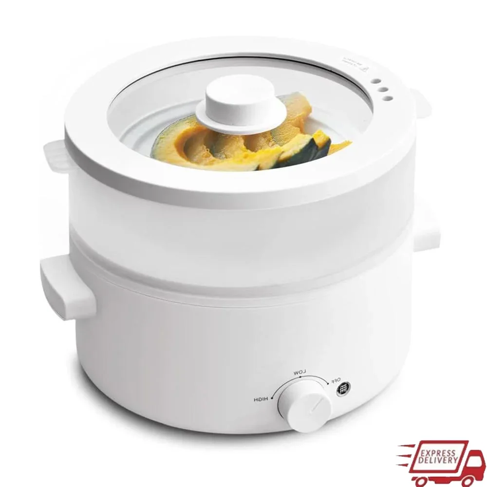 Electric Steamer 2L Non-stick Ceramic Pot Dual Power Electric Cooker Hot Pot Pasta Steak Soup Dumplings Portable Cooking