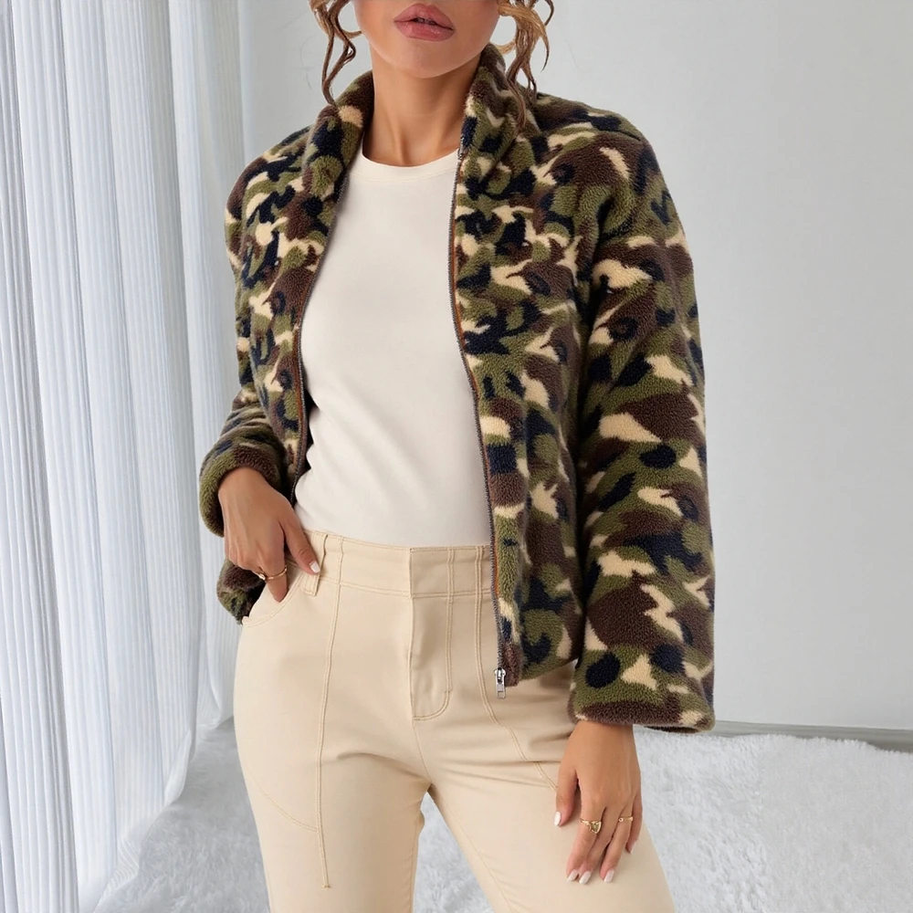 

Women's Winter Fashion Coat Comfortable Casual Full Print High Neck Long Sleeve Zipper Jacket Daily Wear Style