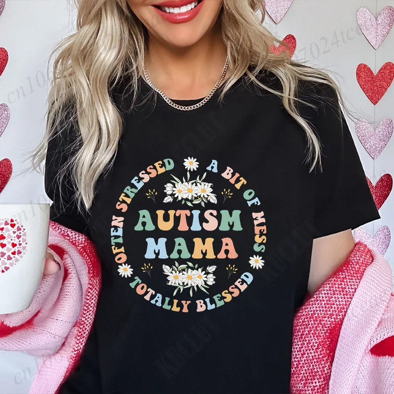 Women's Fashion T-shirt Autism Mama Printed Tops Casual Streetwear Short-sleeved Tee Shirt Autism Awareness T Shirts for Women