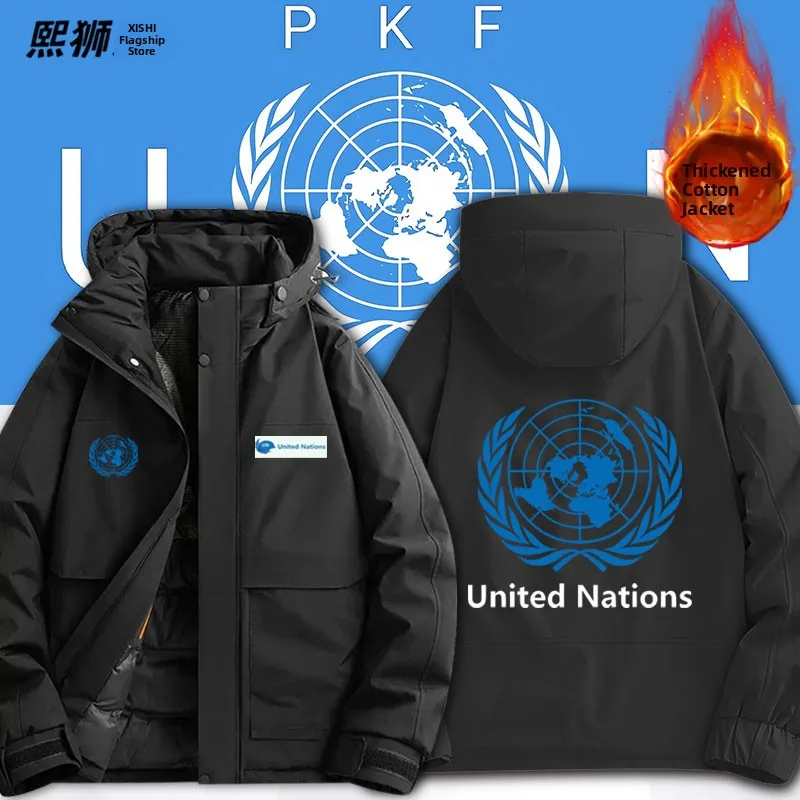 

UN Peacekee Mission Hooded Jaet Men's Thiened Cotton Winter Warm Outerwear Top Youth Casual Long Sve Zipper Closure