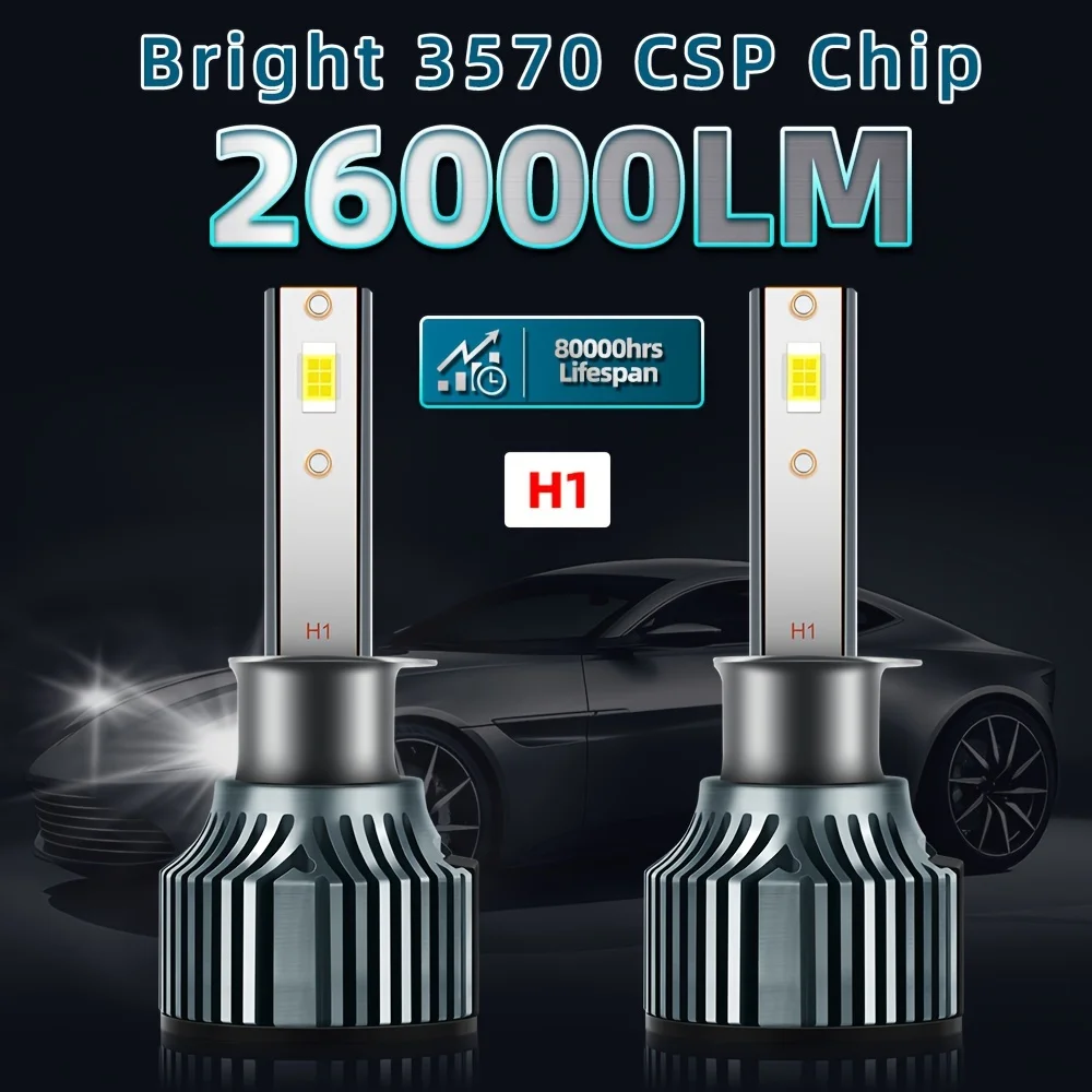 2pcs H1 LED Headlights High Low Beam, 26000LM 150W 6000K White, Bright 3570 CSP Chip, 300M Exposure Distance, Turbofan, Canbus