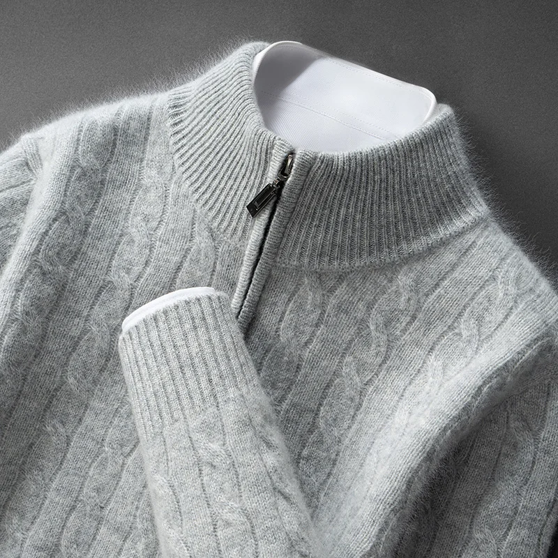 CHICUU 남성용 100% 캐시미어 스웨터 목폴라 지퍼 케이블 니트 풀오버 가을 겨울 두꺼운 따뜻한 프레피 스타일 캐시미어 니트웨어