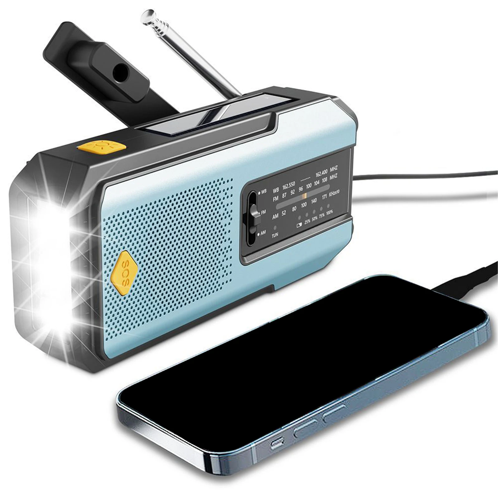 

Радиоприемник с ручным приводом AM/FM/WB с LED-фонариком, сигнализацией SOS и зарядкой для телефона для кемпинга и экстренных ситуаций