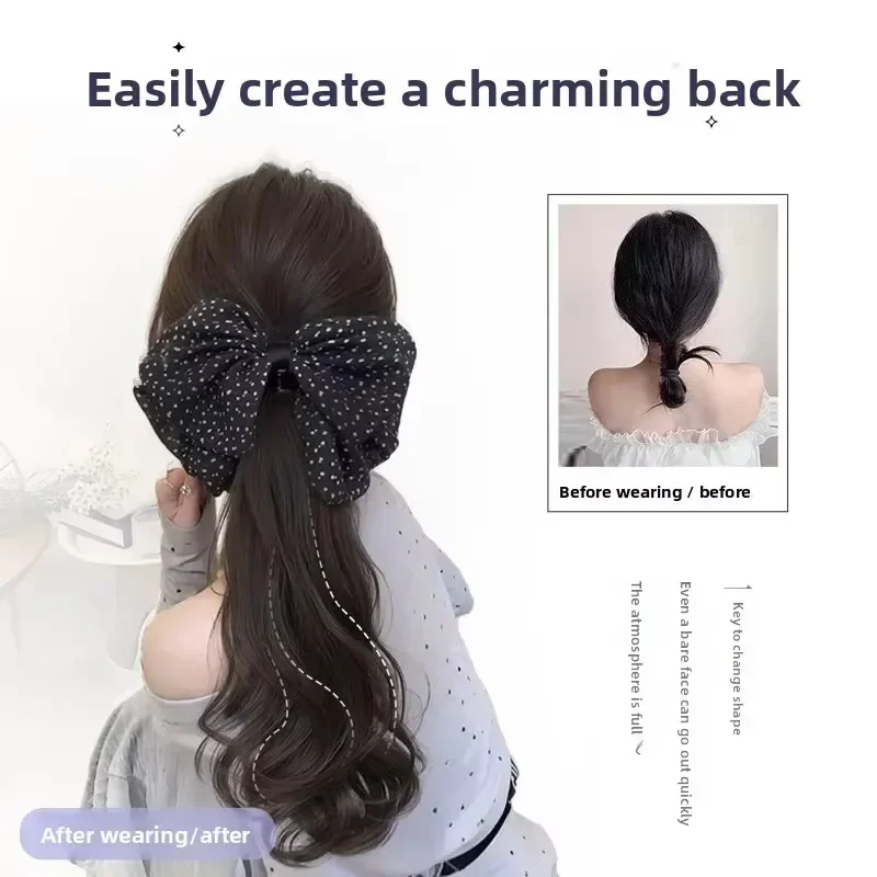 Body Wave Synthetic Claw Clip Ponytail Wig With Grab Clip Sweet Temperament Polka Dot Bow Ponytail Hairpiece For Daily Party Use
