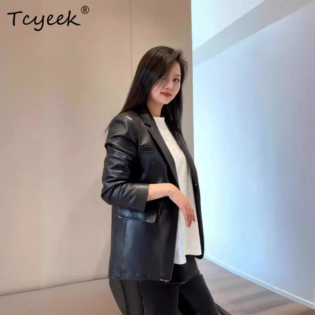 Tcyeek peau De mouton printemps automne Vintage costume col couleur unie femmes en cuir véritable veste Jaqueta De Couro légítimo Feminina