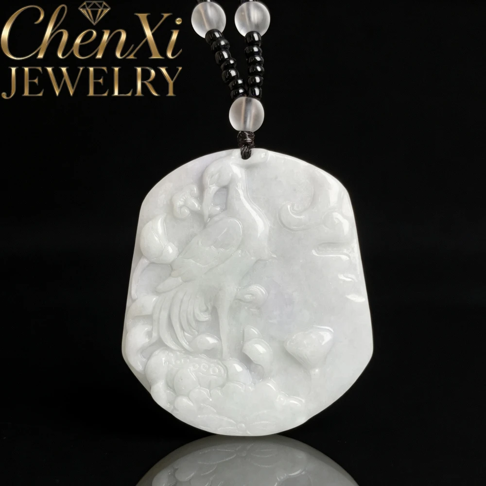 Natural Grade A Burmese Jadeite Pendant Waxy Translucent Crane & Lotus Jade Plate Lucky Charm Fine Ornament Jewelry Elegant Gift