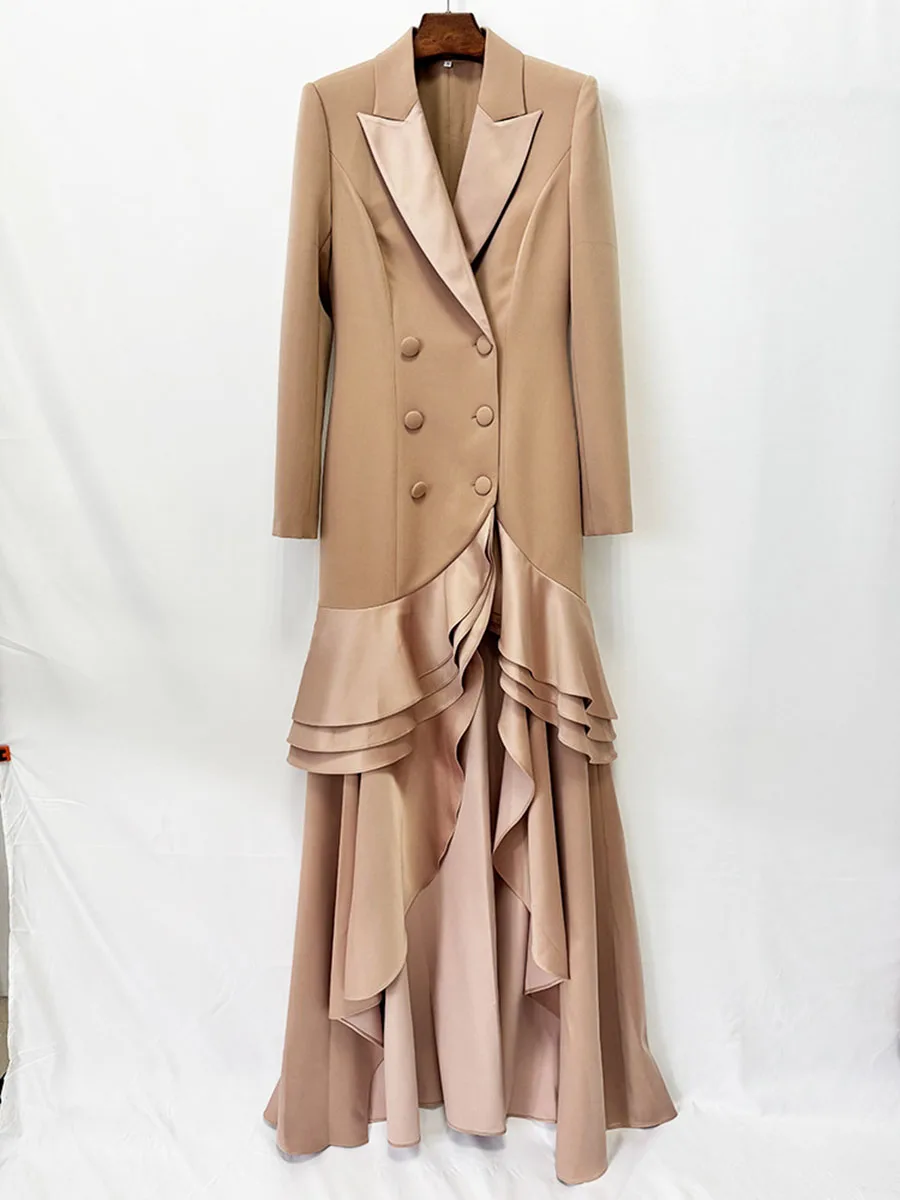 TWOTWINSTYLE Ruffle Spliced Solid Slimming Dress for Women Lapel Collar Long Sleeve Patchwork Double Breasted Dresses Female New