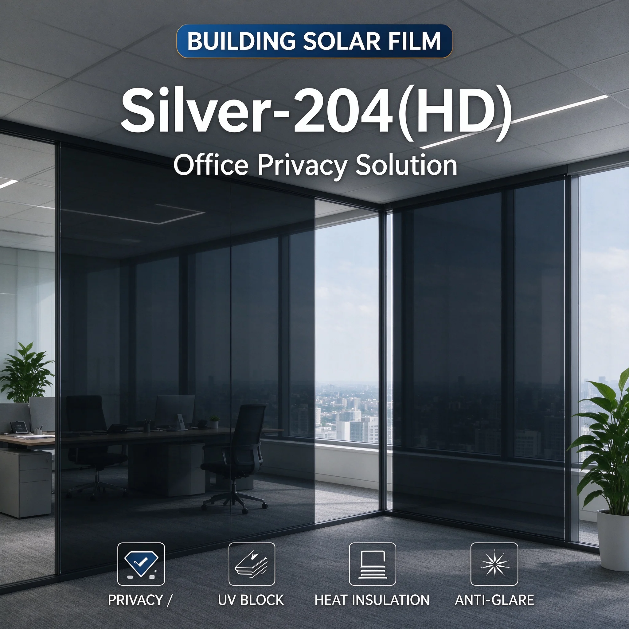 Heat Insulation Anti Glare Silver-204 PET Window Film Roll One Way Privacy UV Protection Easy DIY Install Home Office Glass