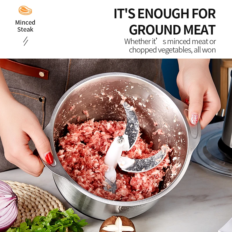 STLF 2L Multifunctional Electric Meat Grinder & 4 Knife Chopper Automatic  Food Processor for Mincing & Slicing