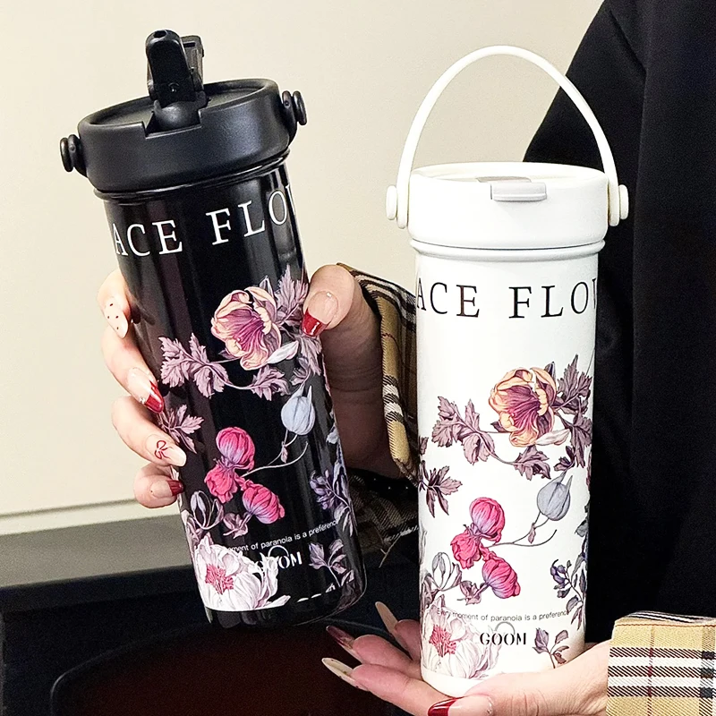 

GOOM Floral Insulated Coffee Cup Women's St Cup with Tea Separator Ele Plant Floral Water Cup with Lid Stainl Steel