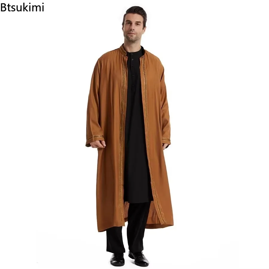 2024 Mid East Clothing Men\'s Traditional Jubba Thobe Fashion Stand Collar Cardigan Robe Muslim Open Abaya Men Daily Basic Style