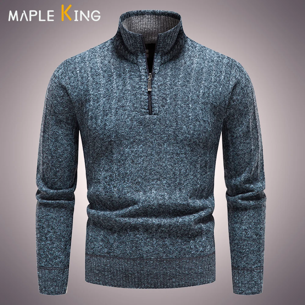 

Mens Knitted Jumper Zipper Sweaters Pull Luxe Homme Vintage Solid Mock Neck Designer Sweater Men Warm Fleece Pullover Streetwear