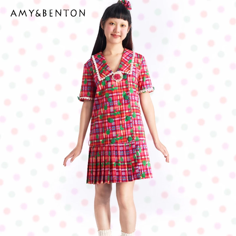 

Japanese New Pink Green Fruit Plaid Lapel Women's Pleated Dress 2025 Spring Summer Design Sweet Cute Loose Thin Dresses Ladies