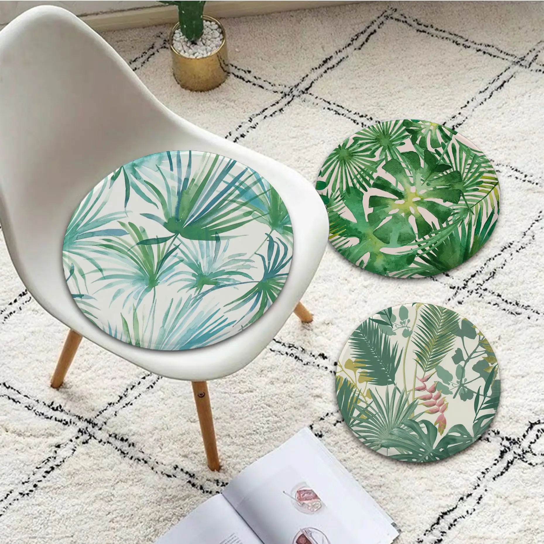 

Green Leaf Art Cushion Mat Tie Rope Chair Cushion Soft Office Car Seat Comfort Breathable 45x45cm Cushion Pads