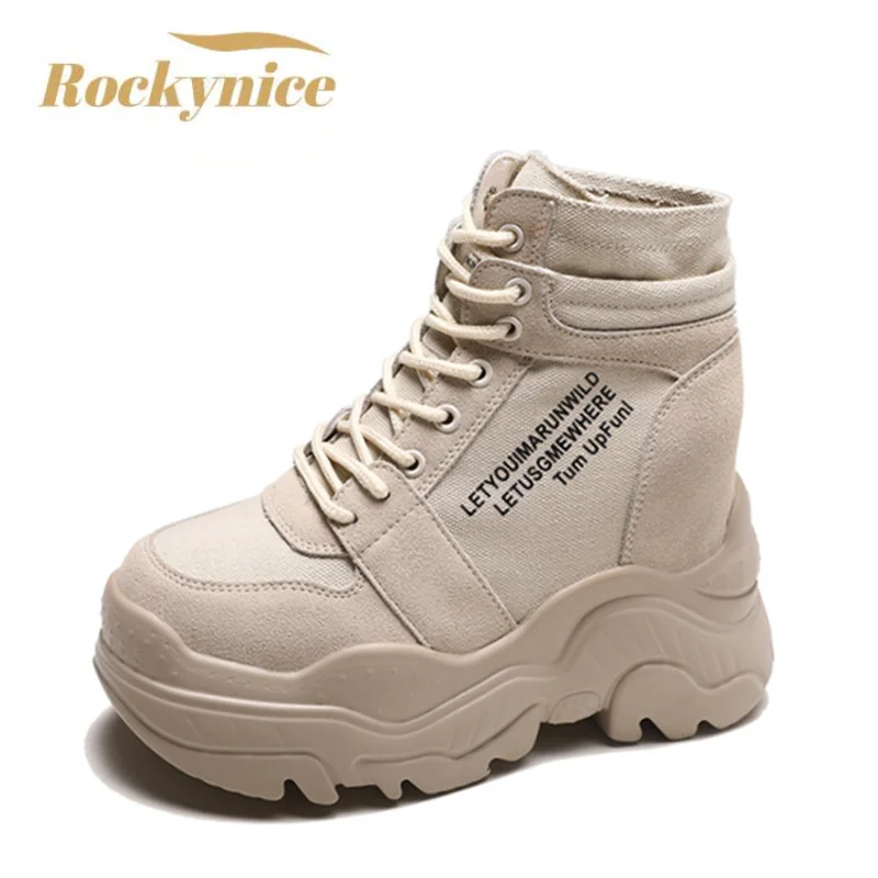 2022 neue Herbst Stiefel Frauen Hohe Plattform Turnschuhe 12CM Höhe Zunehmende Ankle Stiefel Dicke Sohle Atmungs Leinwand Schuhe Frau